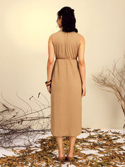 Women Beige Notch Collar Front Slit Midi Dress