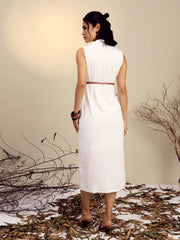 Women White Notch Collar Front Slit Midi Dress