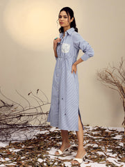 Women Blue Striped Shirt Dress