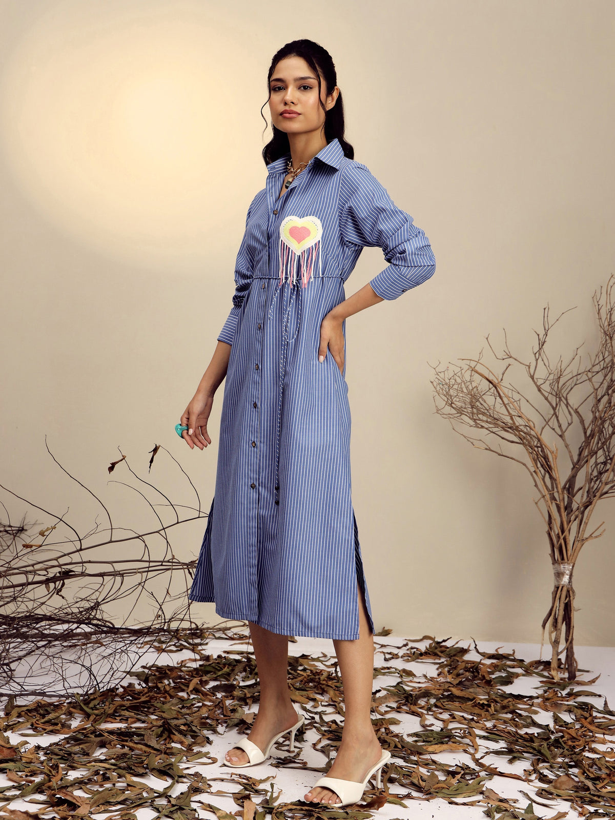 Women Navy Blue Striped Shirt Dress