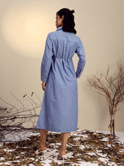 Women Navy Blue Striped Shirt Dress