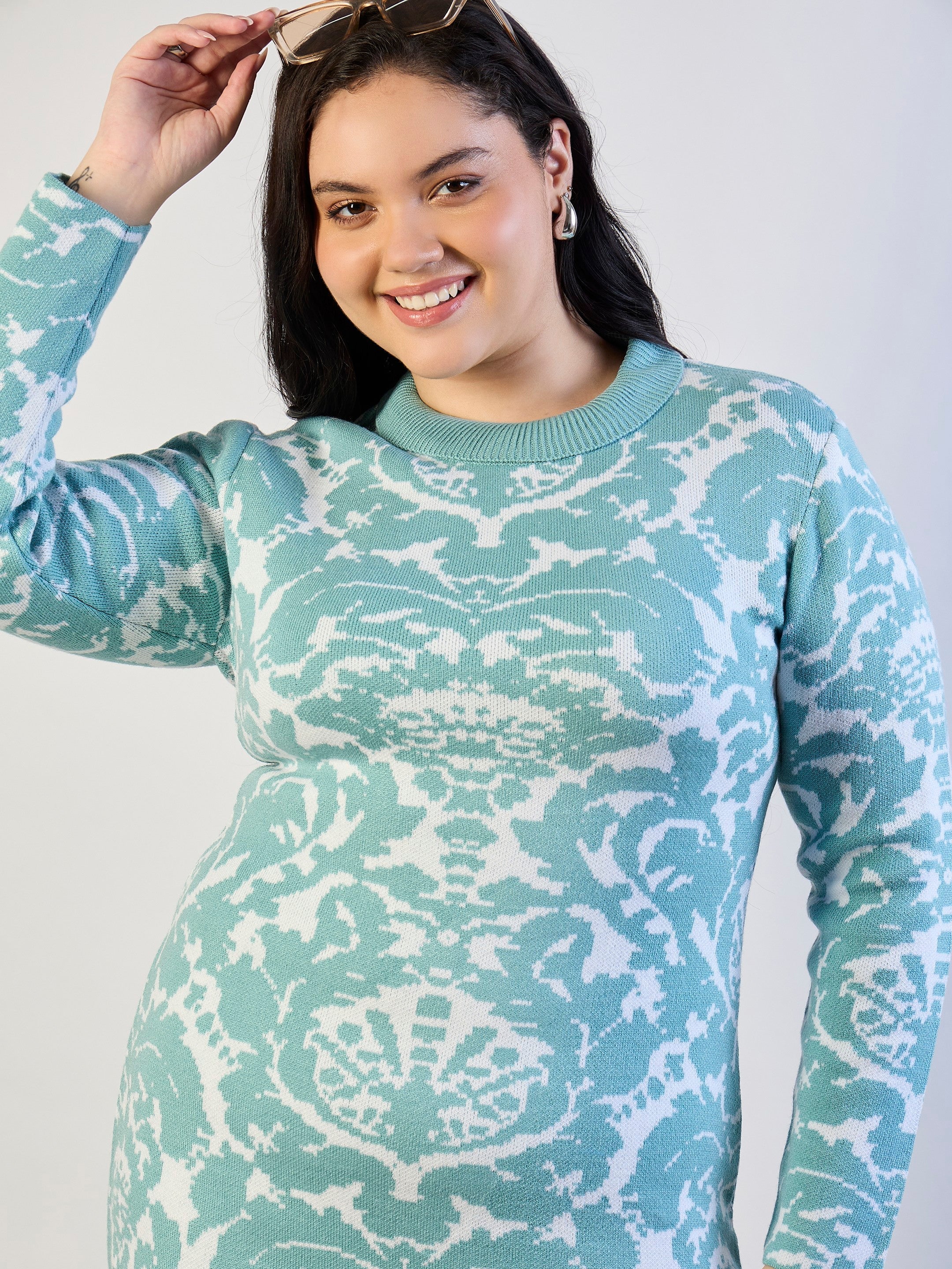 Blue Printed Acrylic Wool High Neck Midi Dress SASSAFRAS CURVE