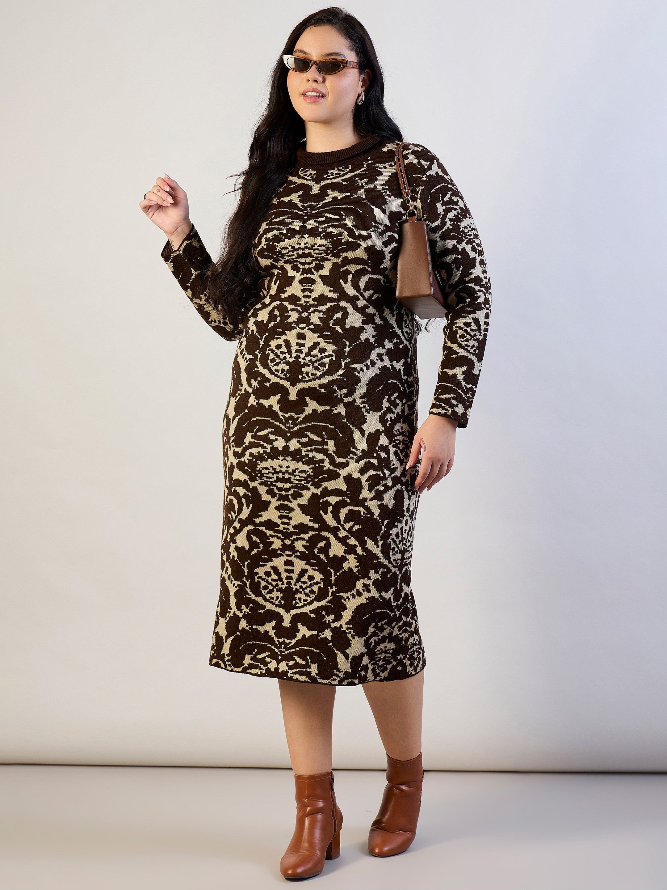 Brown Printed Acrylic Wool High Neck Midi Dress SASSAFRAS CURVE
