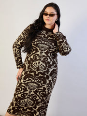 Brown Printed Acrylic Wool High Neck Midi Dress SASSAFRAS CURVE