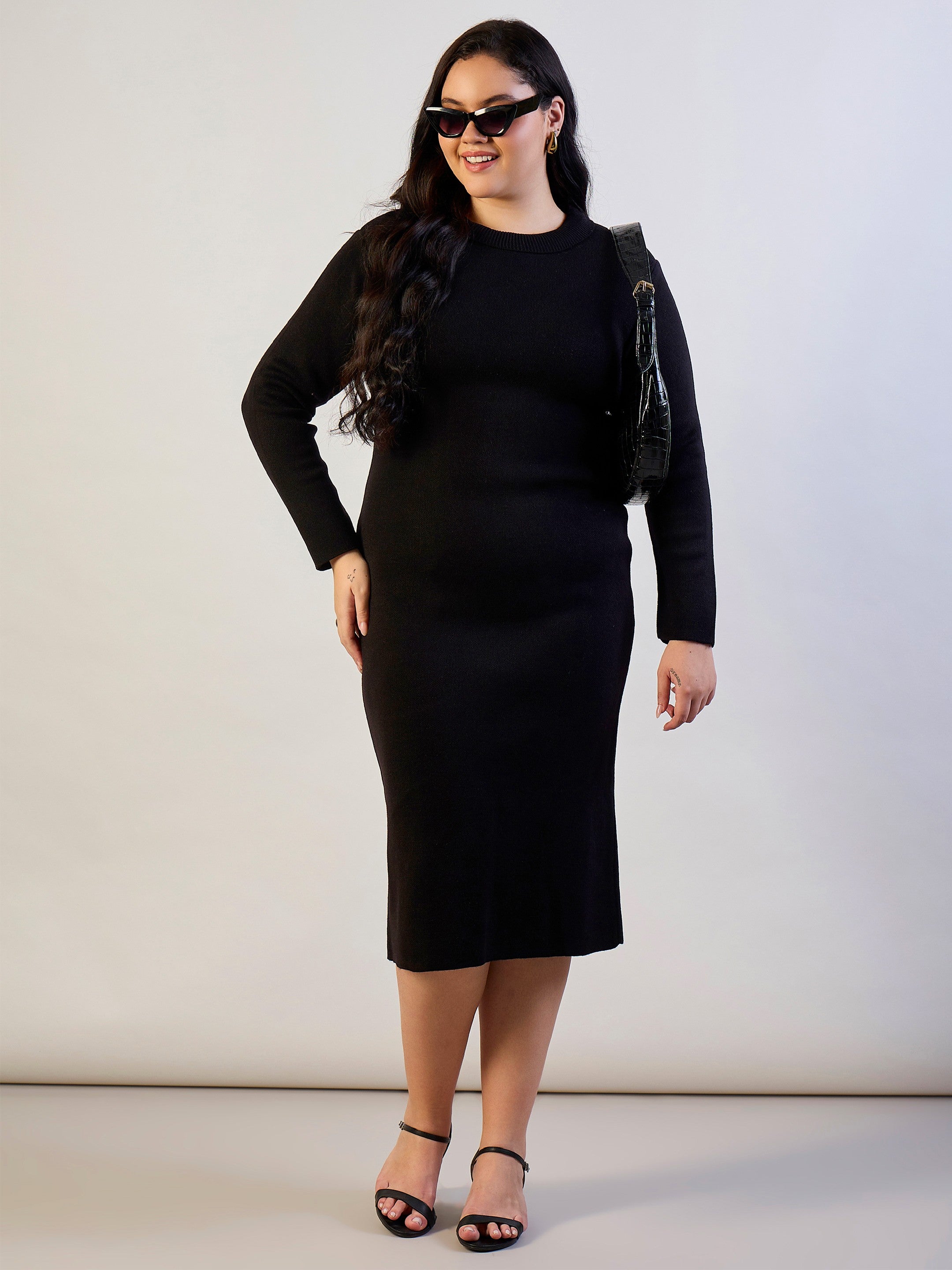 Black Solid Acrylic Wool High Neck Midi Dress SASSAFRAS CURVE