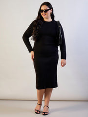 Black Solid Acrylic Wool High Neck Midi Dress SASSAFRAS CURVE