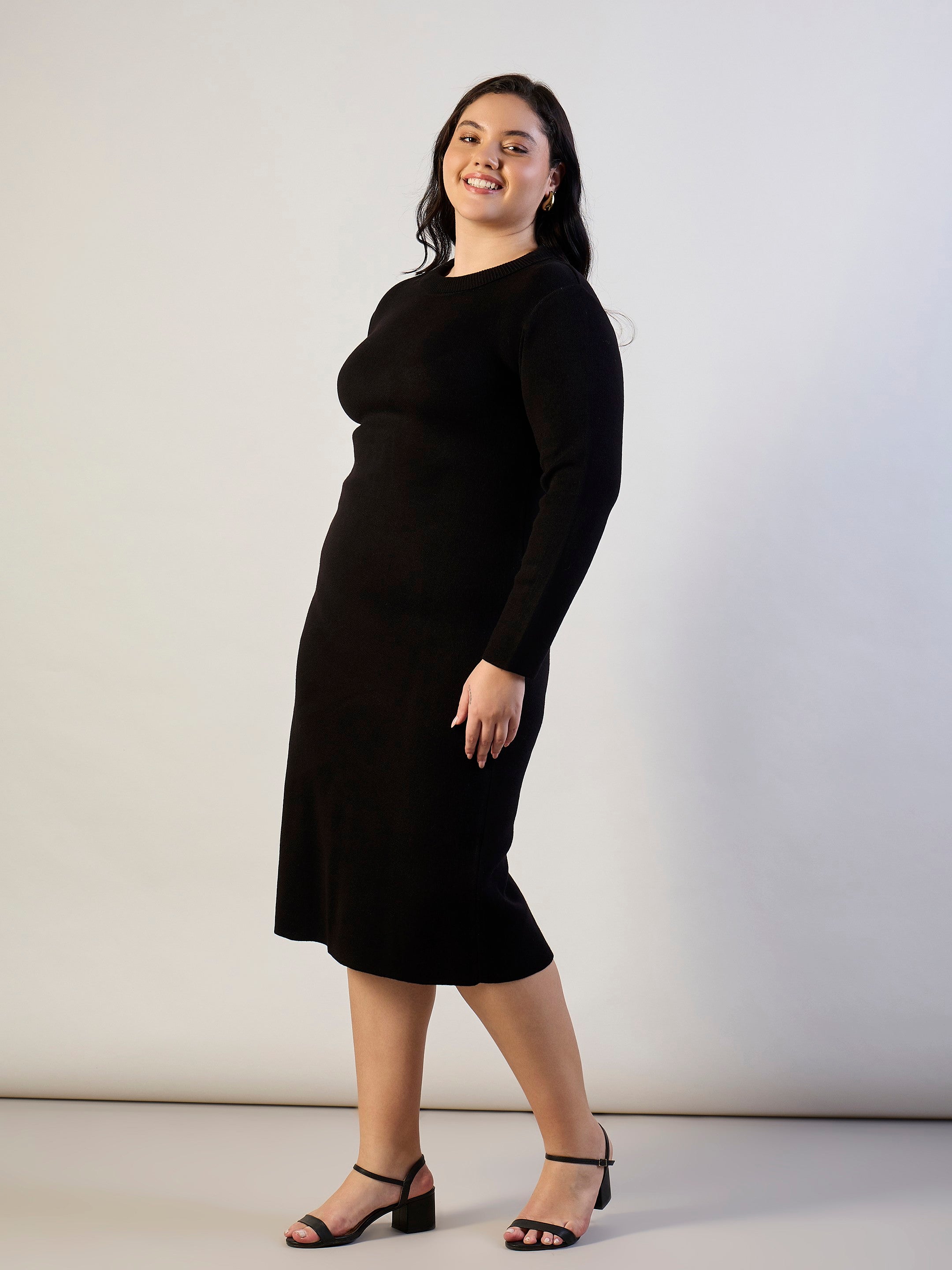 Black Solid Acrylic Wool High Neck Midi Dress SASSAFRAS CURVE