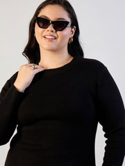 Black Solid Acrylic Wool High Neck Midi Dress SASSAFRAS CURVE