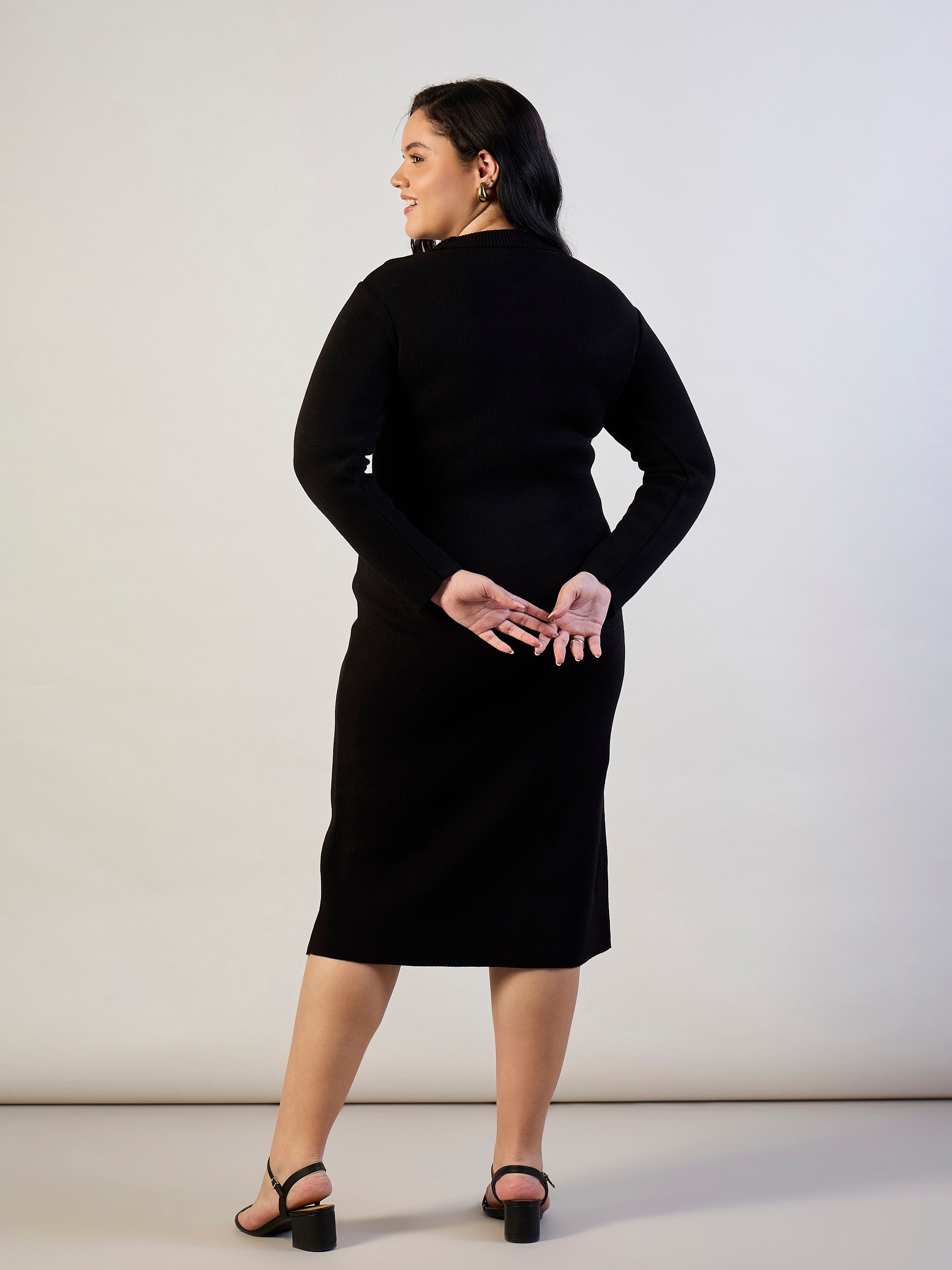 Black Solid Acrylic Wool High Neck Midi Dress SASSAFRAS CURVE