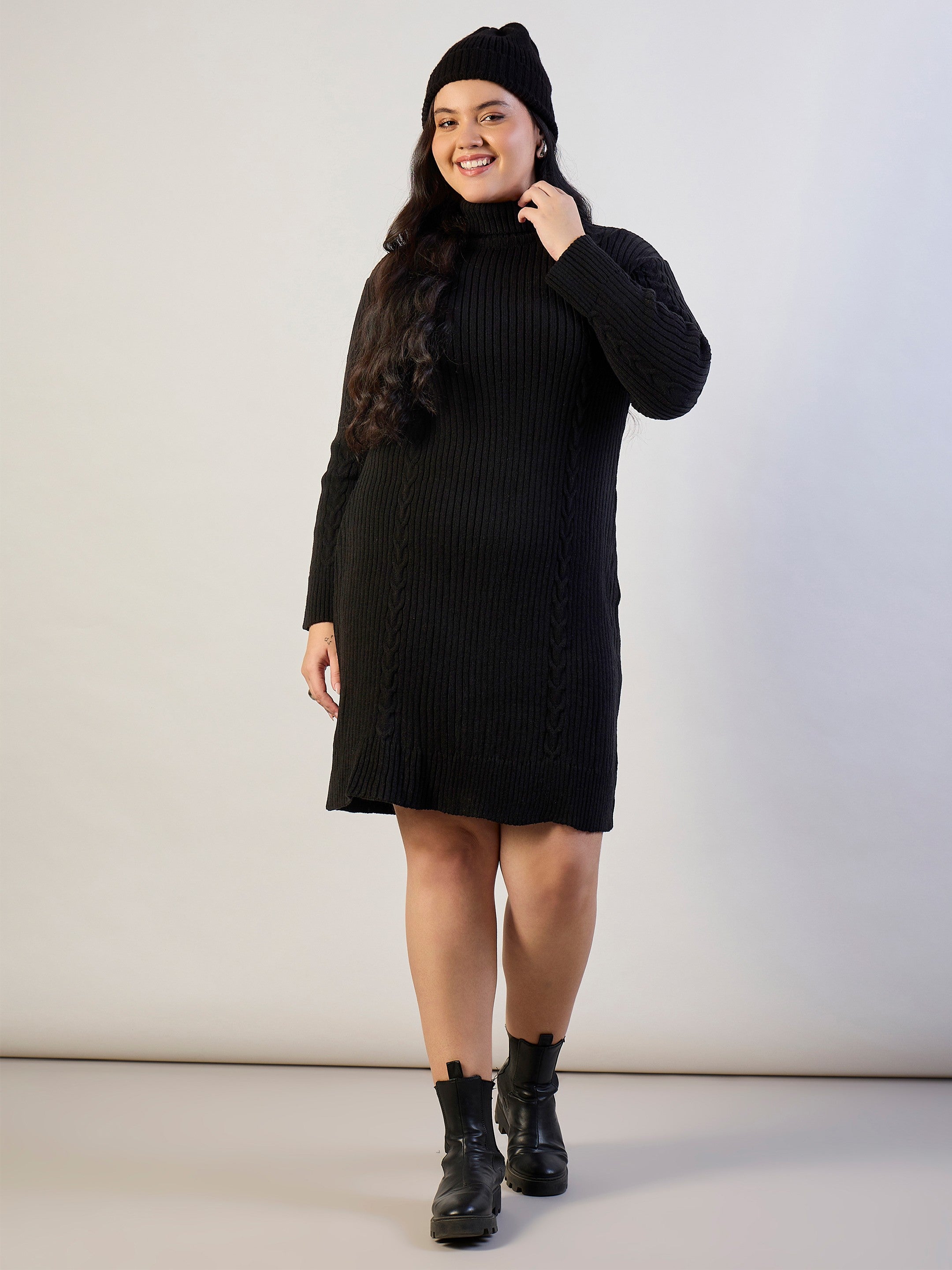 Black Acrylic Wool High Neck Short Dress SASSAFRAS CURVE