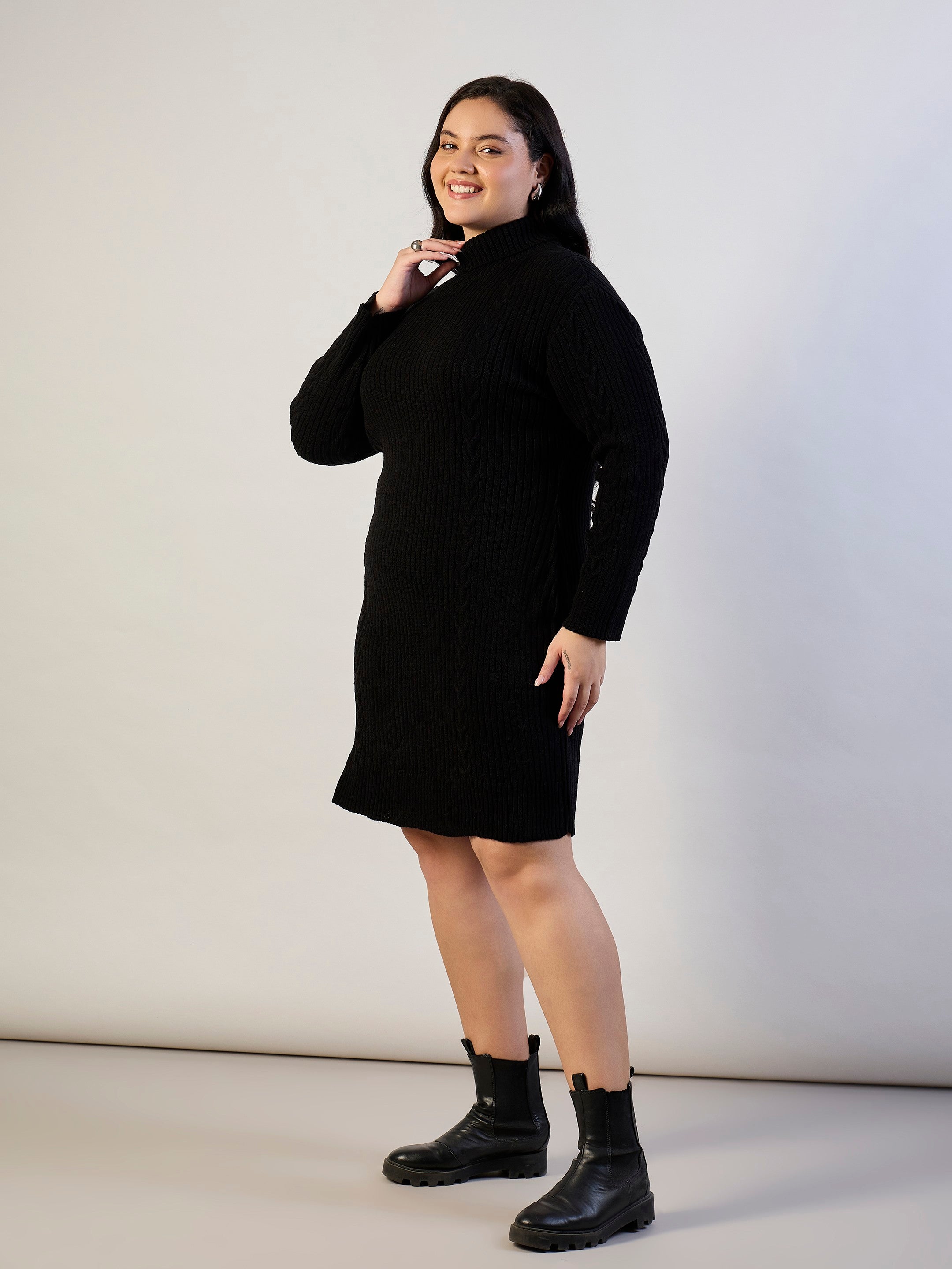 Black Acrylic Wool High Neck Short Dress SASSAFRAS CURVE