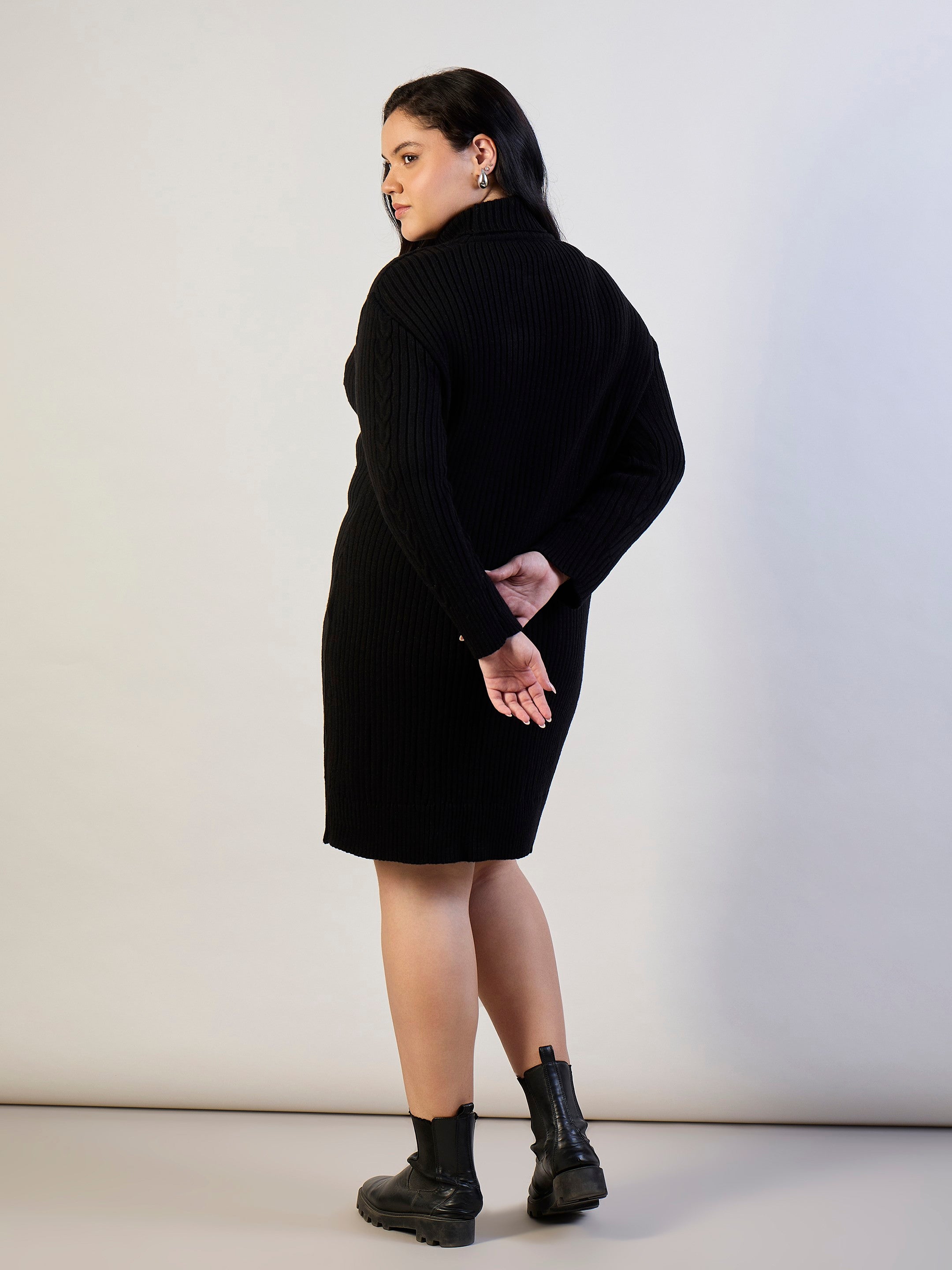 Black Acrylic Wool High Neck Short Dress SASSAFRAS CURVE