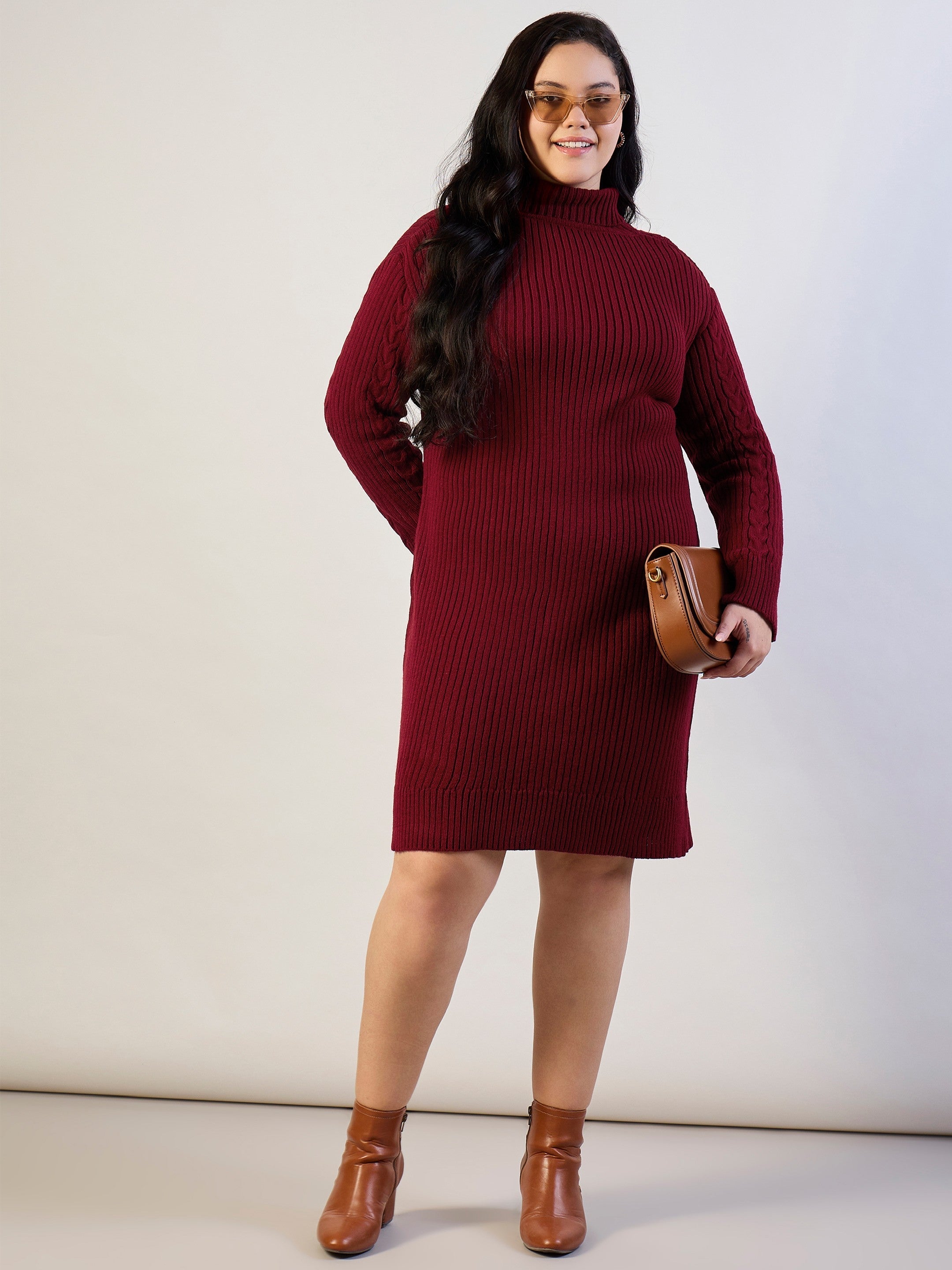 Maroon Acrylic Wool High Neck Short Dress SASSAFRAS CURVE