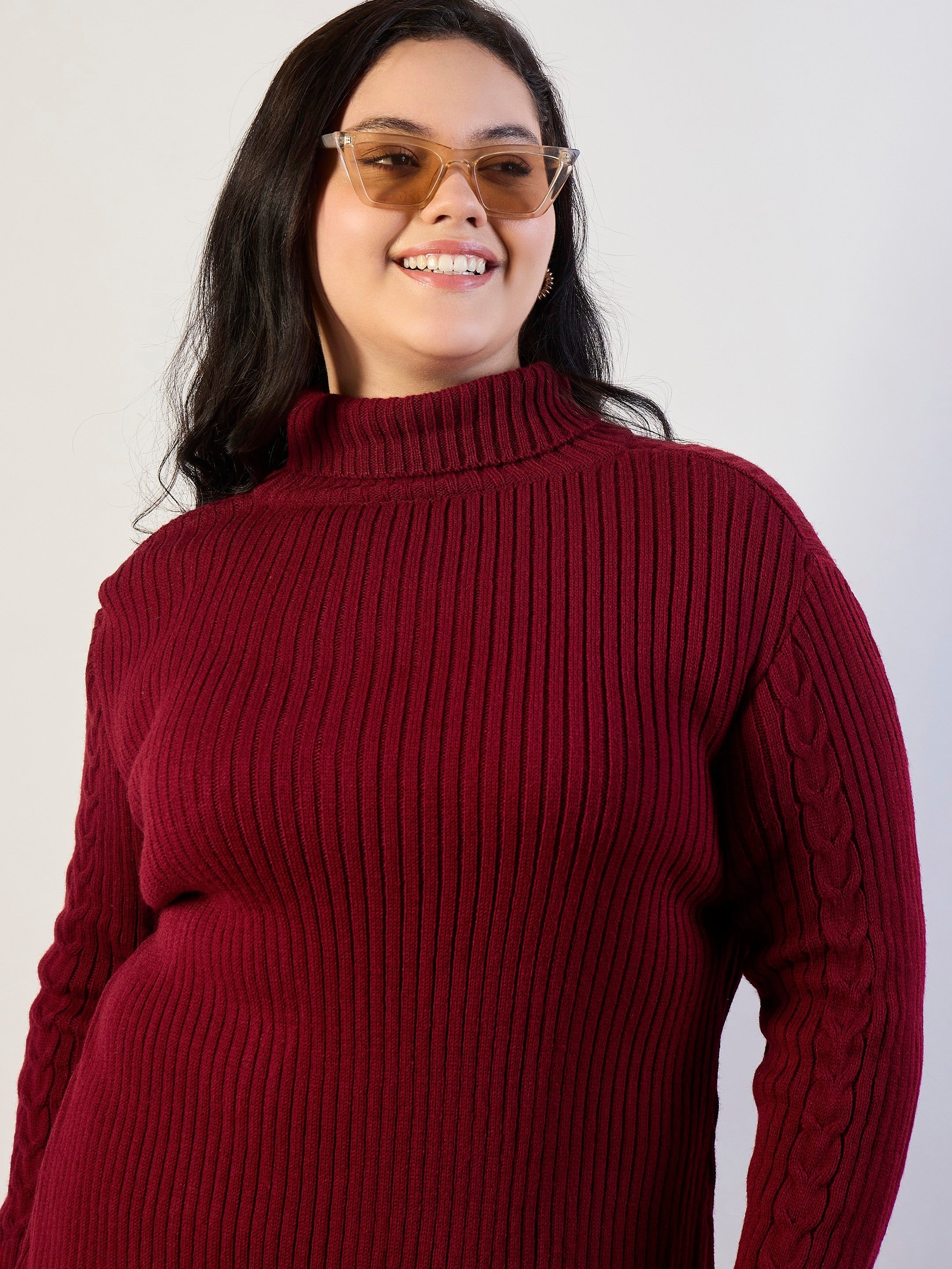 Maroon Acrylic Wool High Neck Short Dress SASSAFRAS CURVE