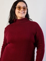 Maroon Acrylic Wool High Neck Short Dress SASSAFRAS CURVE