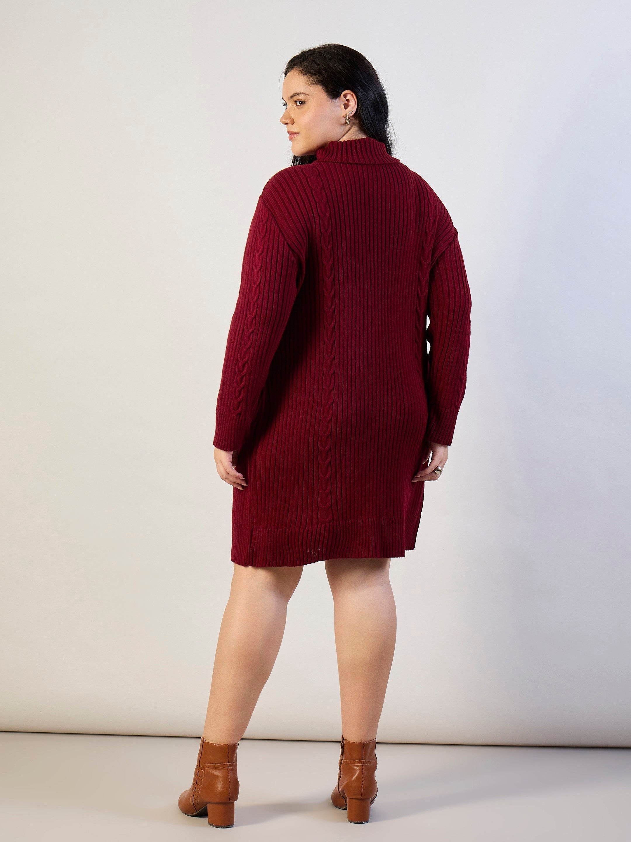 Maroon Acrylic Wool High Neck Short Dress SASSAFRAS CURVE