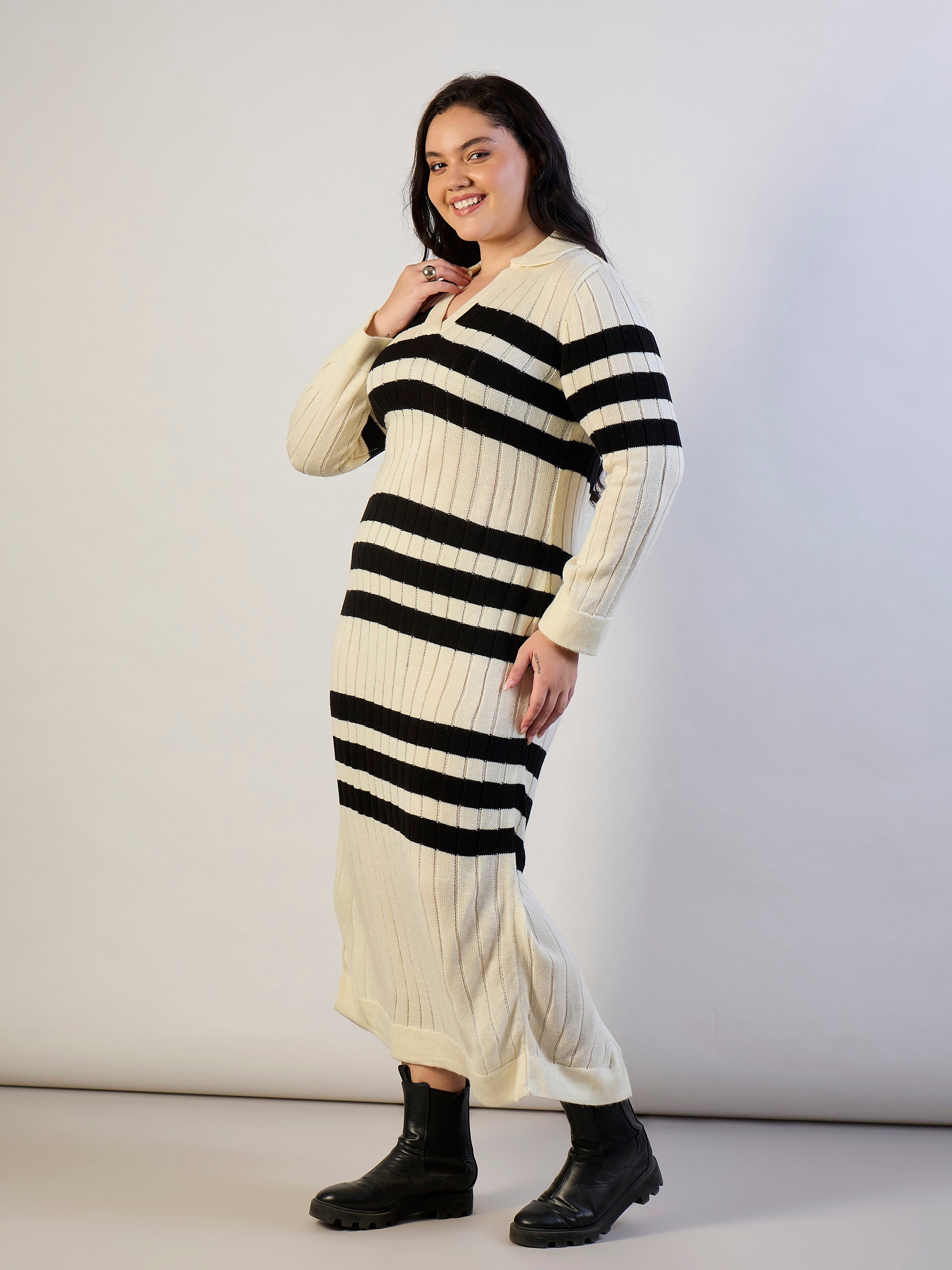 Black & White Striped Acrylic Wool Collar Midi Dress SASSAFRAS CURVE