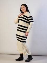 Black & White Striped Acrylic Wool Collar Midi Dress SASSAFRAS CURVE