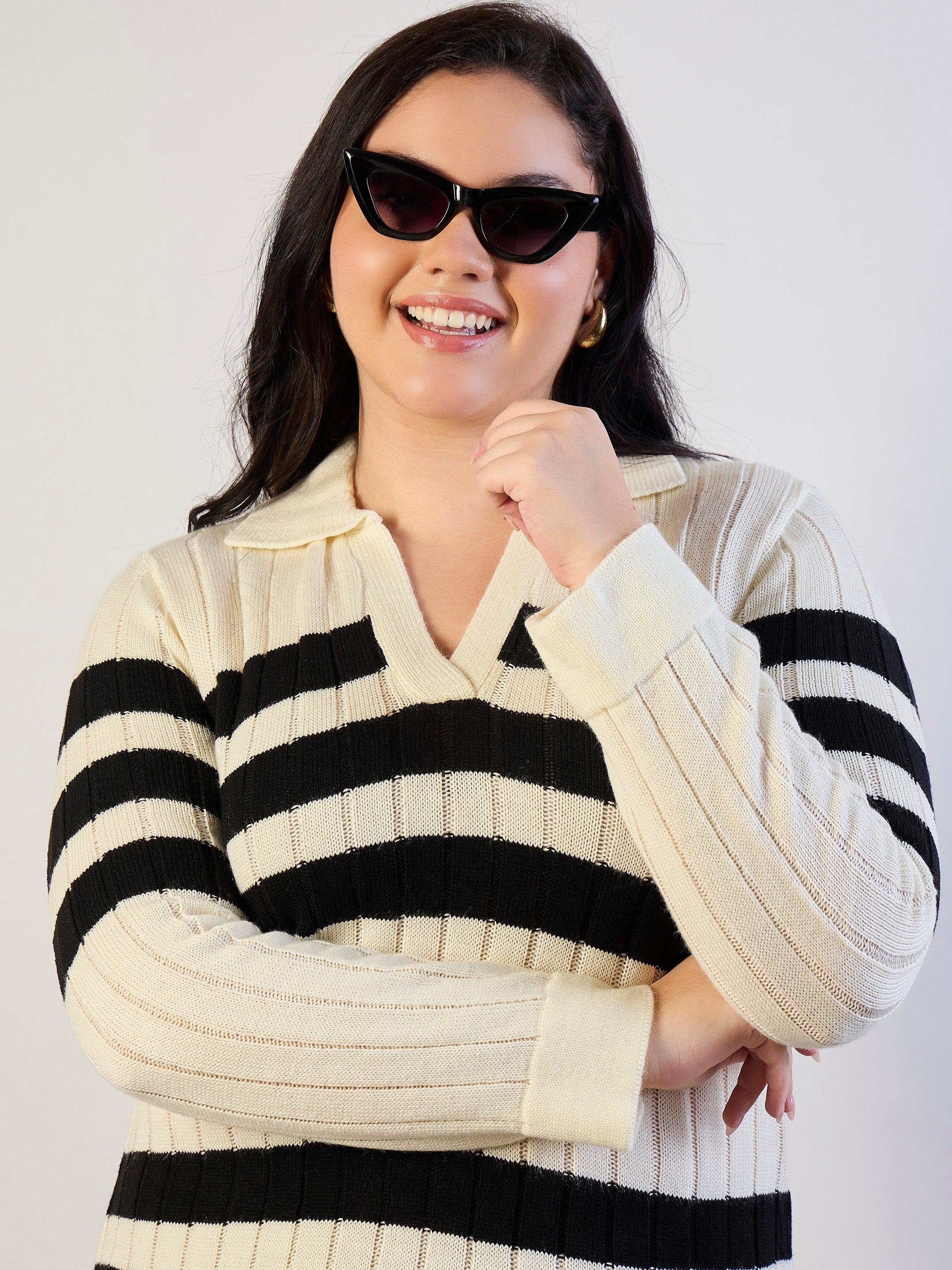 Black & White Striped Acrylic Wool Collar Midi Dress SASSAFRAS CURVE