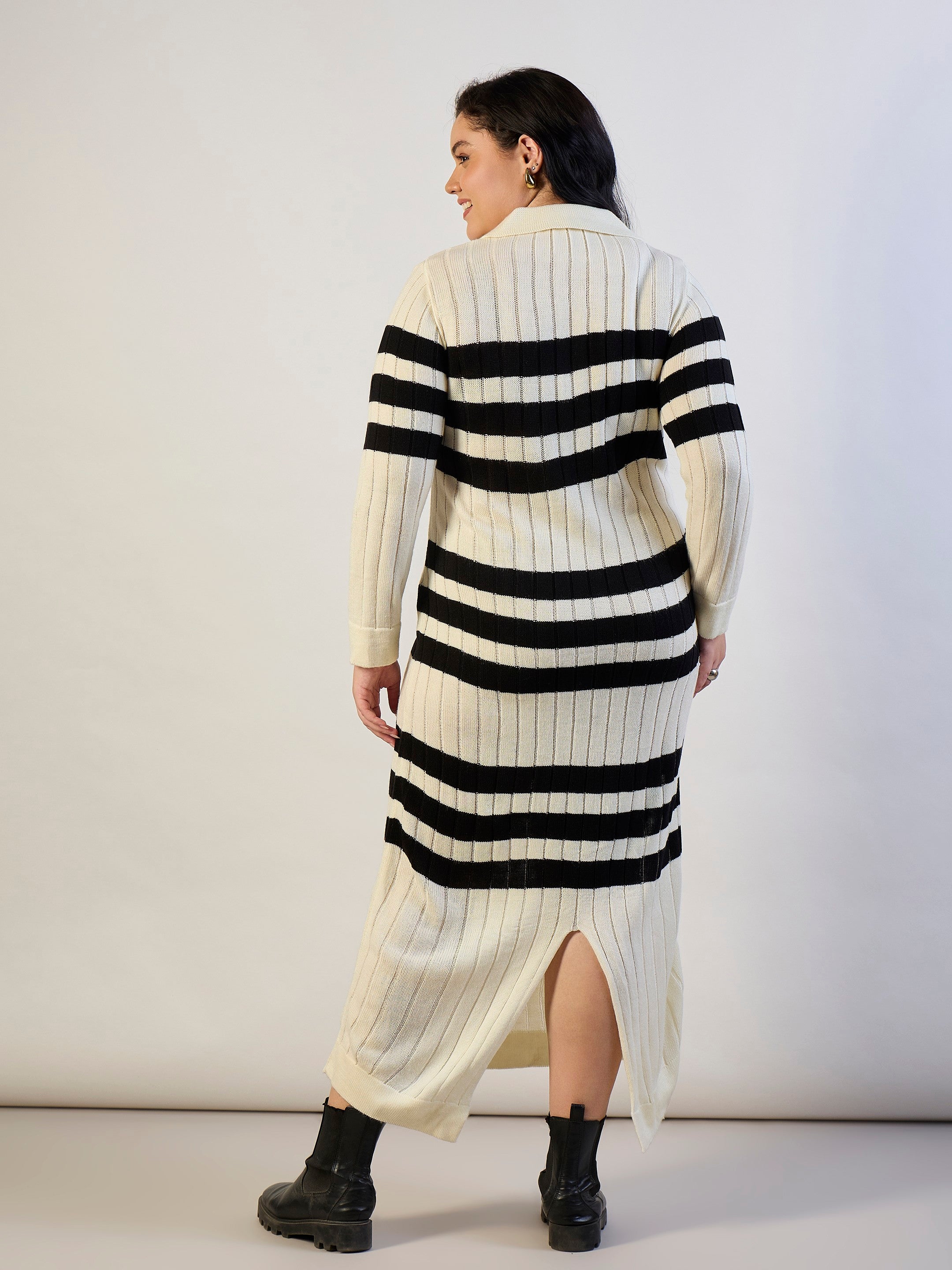 Black & White Striped Acrylic Wool Collar Midi Dress SASSAFRAS CURVE