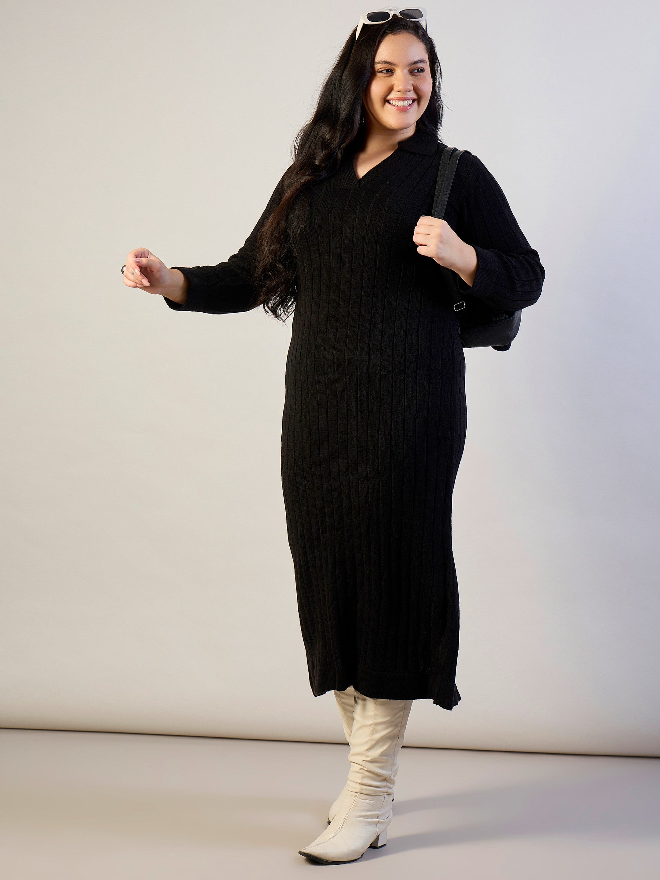 Black Solid Acrylic Wool Collar Midi Dress SASSAFRAS CURVE