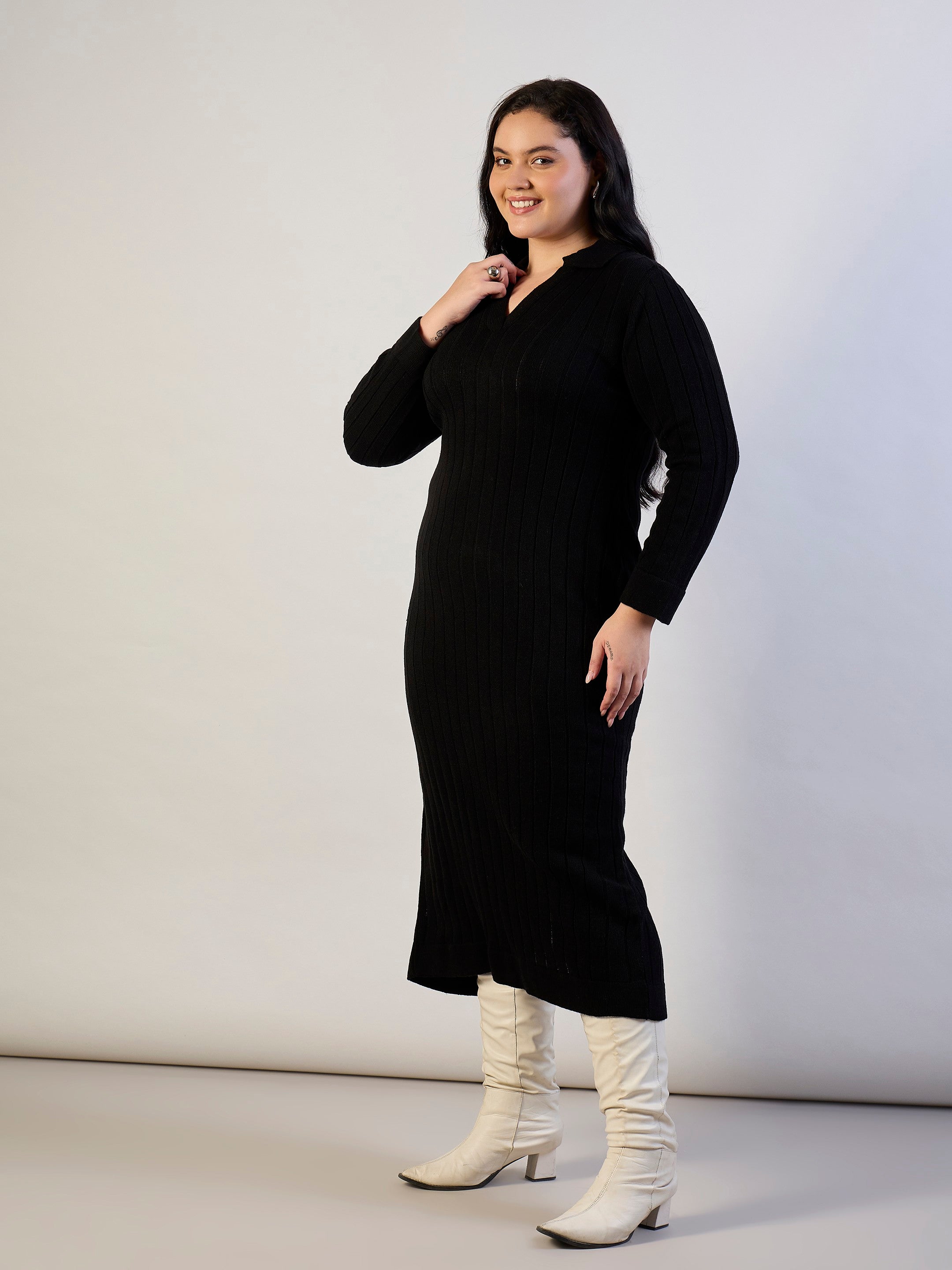 Black Solid Acrylic Wool Collar Midi Dress SASSAFRAS CURVE