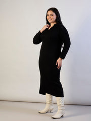 Black Solid Acrylic Wool Collar Midi Dress SASSAFRAS CURVE