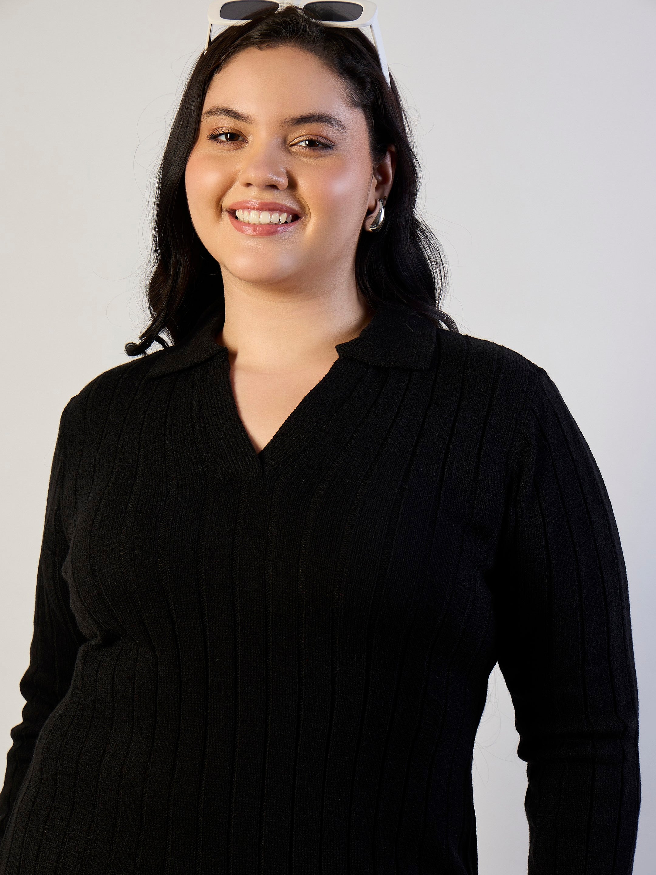 Black Solid Acrylic Wool Collar Midi Dress SASSAFRAS CURVE