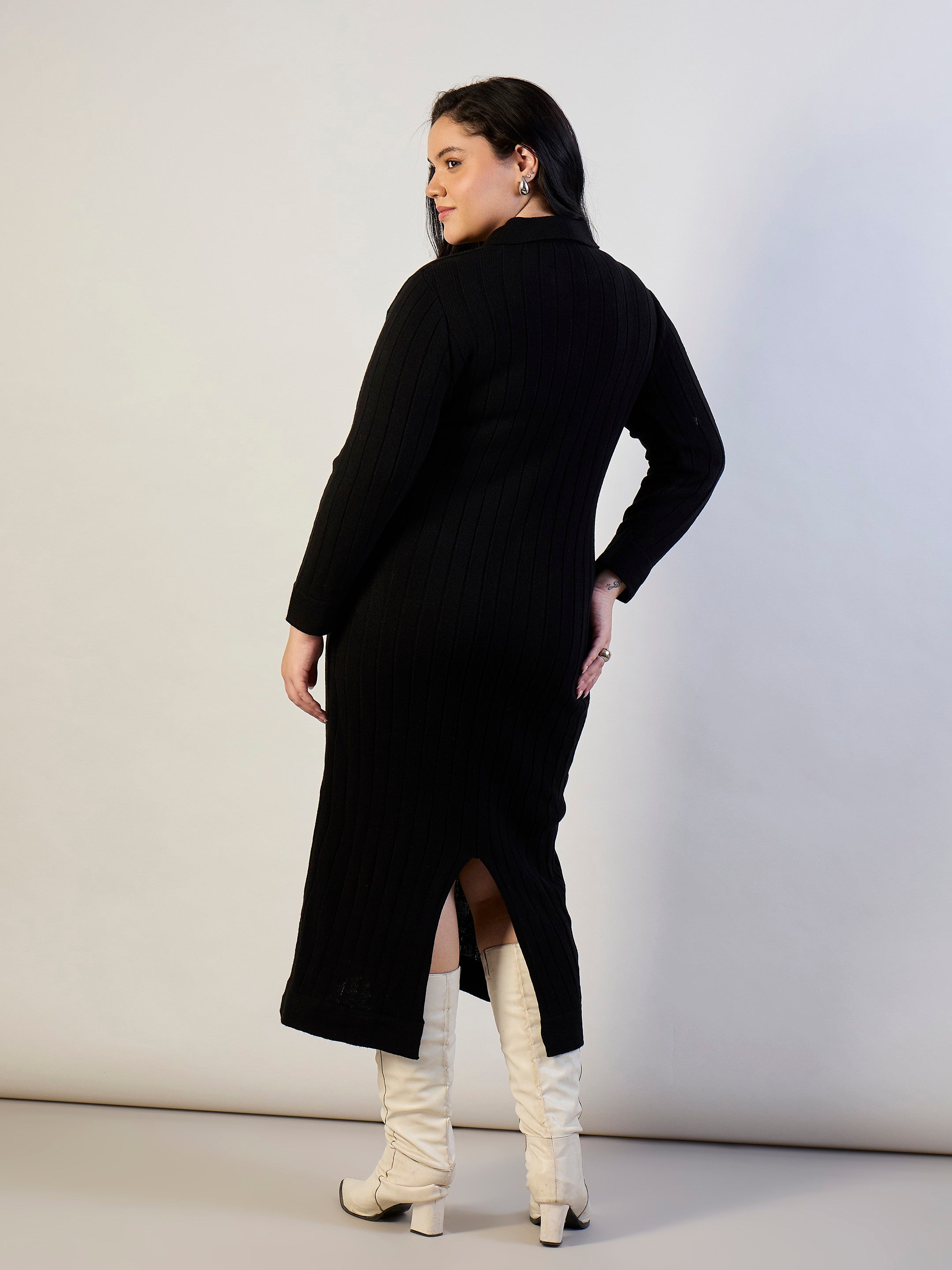 Black Solid Acrylic Wool Collar Midi Dress SASSAFRAS CURVE