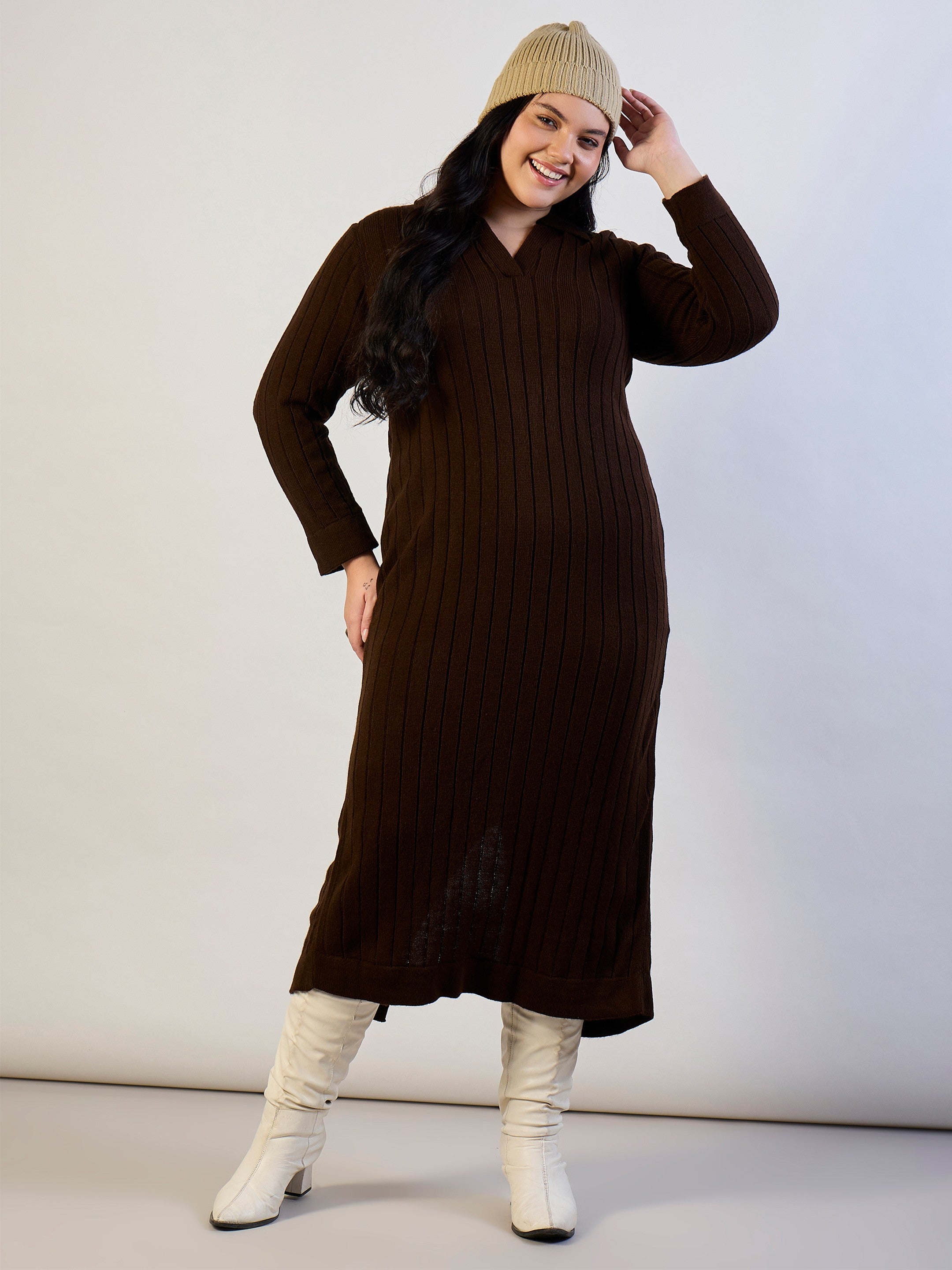 Brown Solid Acrylic Wool Collar Midi Dress SASSAFRAS CURVE