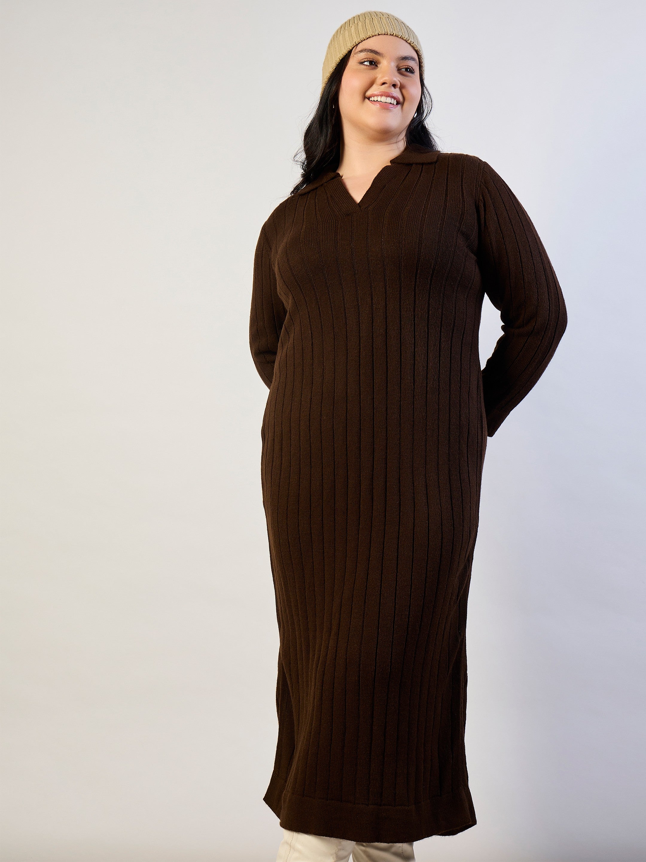 Brown Solid Acrylic Wool Collar Midi Dress SASSAFRAS CURVE