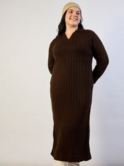 Brown Solid Acrylic Wool Collar Midi Dress SASSAFRAS CURVE