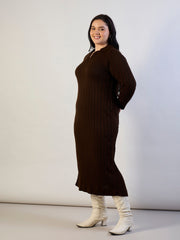 Brown Solid Acrylic Wool Collar Midi Dress SASSAFRAS CURVE