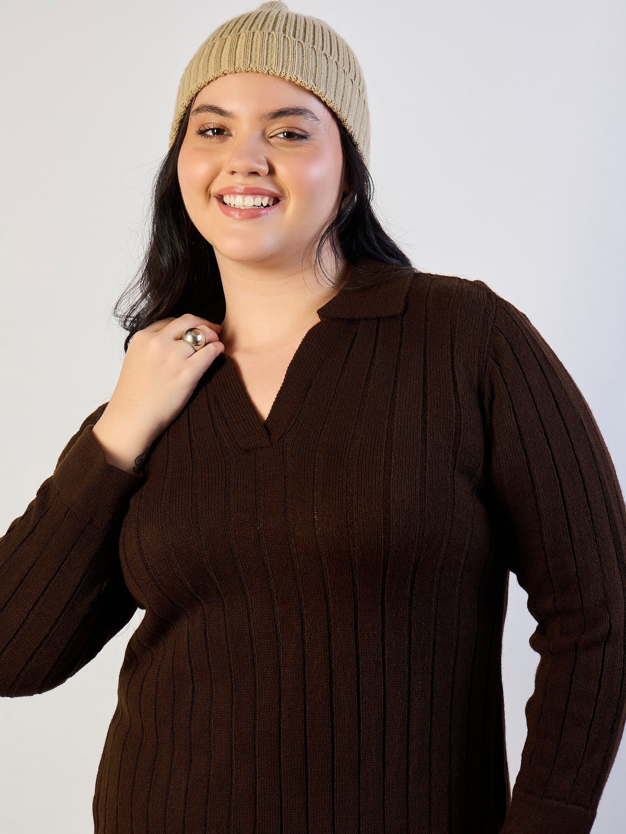 Brown Solid Acrylic Wool Collar Midi Dress SASSAFRAS CURVE