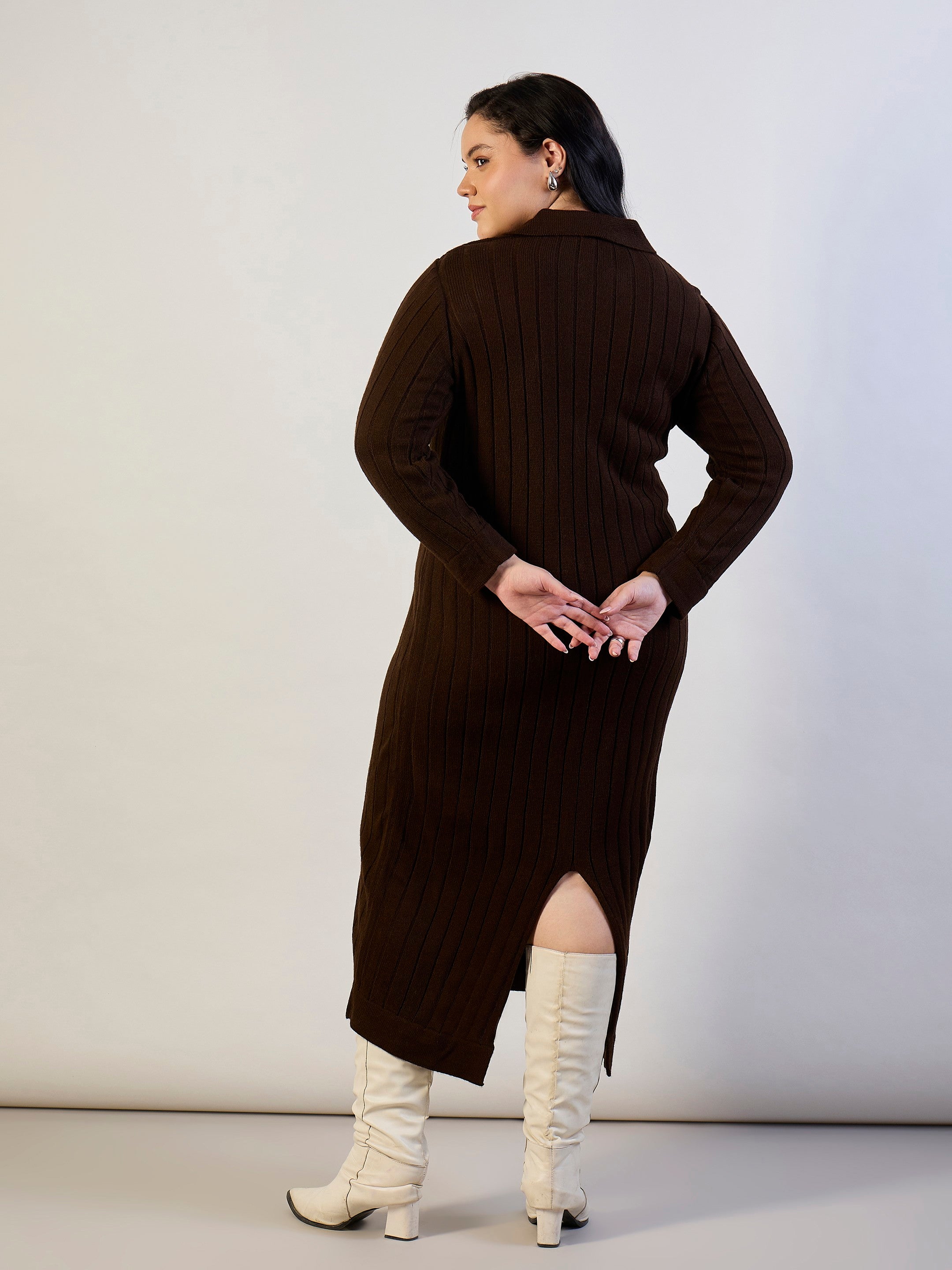 Brown Solid Acrylic Wool Collar Midi Dress SASSAFRAS CURVE