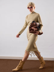 beige acrylic wool hem frindge detail midi dress sassafras