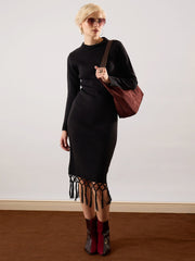 black acrylic wool hem frindge detail midi dress sassafras