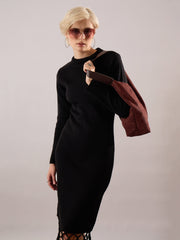 black acrylic wool hem frindge detail midi dress sassafras