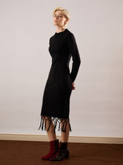 black acrylic wool hem frindge detail midi dress sassafras