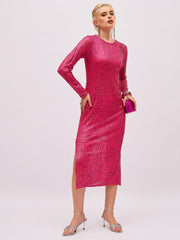 fuchsia sequin round neck side slit midi dress sassafras
