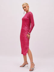 fuchsia sequin round neck side slit midi dress sassafras