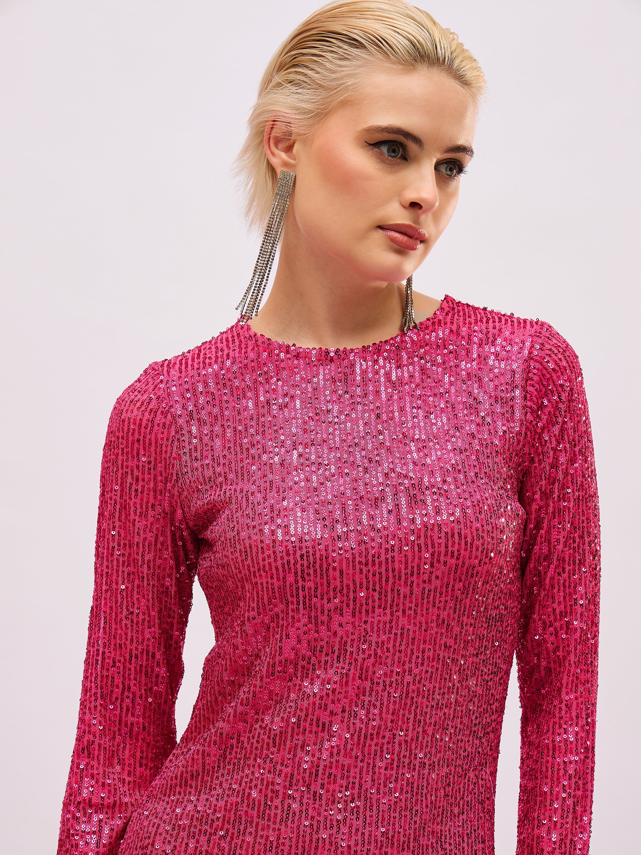 fuchsia sequin round neck side slit midi dress sassafras