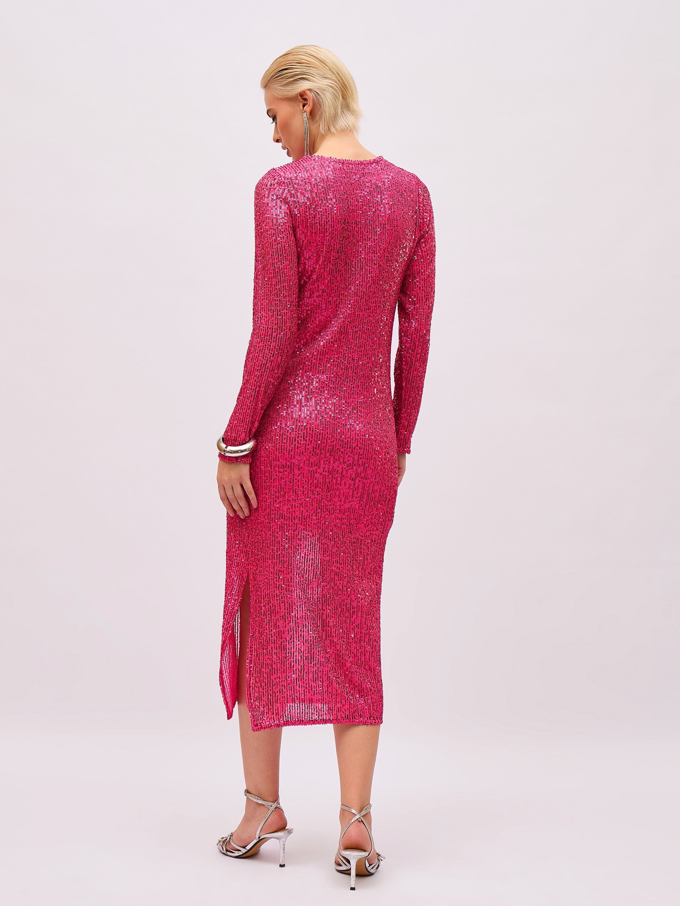 fuchsia sequin round neck side slit midi dress sassafras