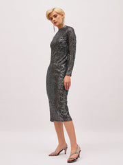 black sequin high neck back slit midi dress sassafras