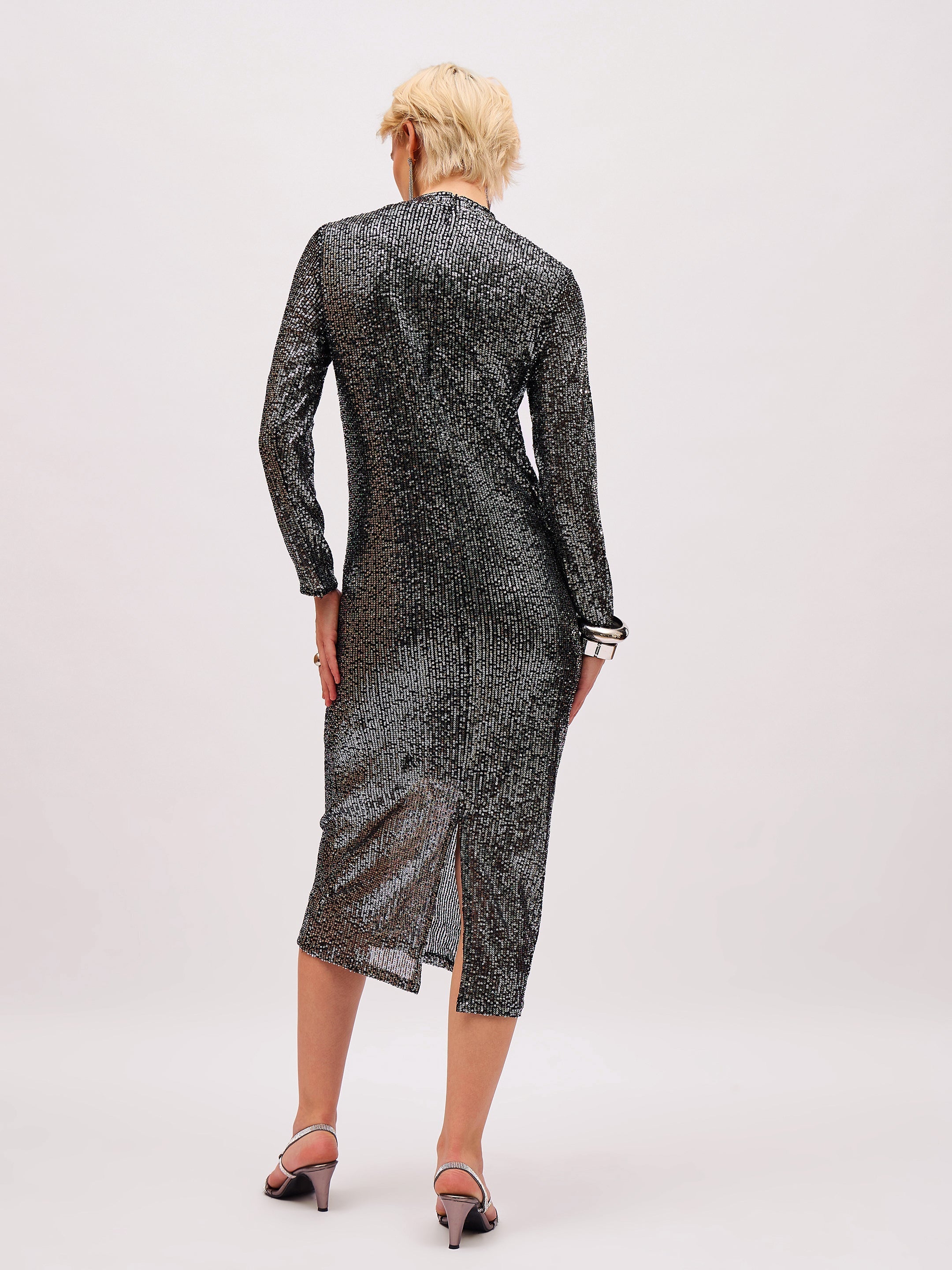 black sequin high neck back slit midi dress sassafras