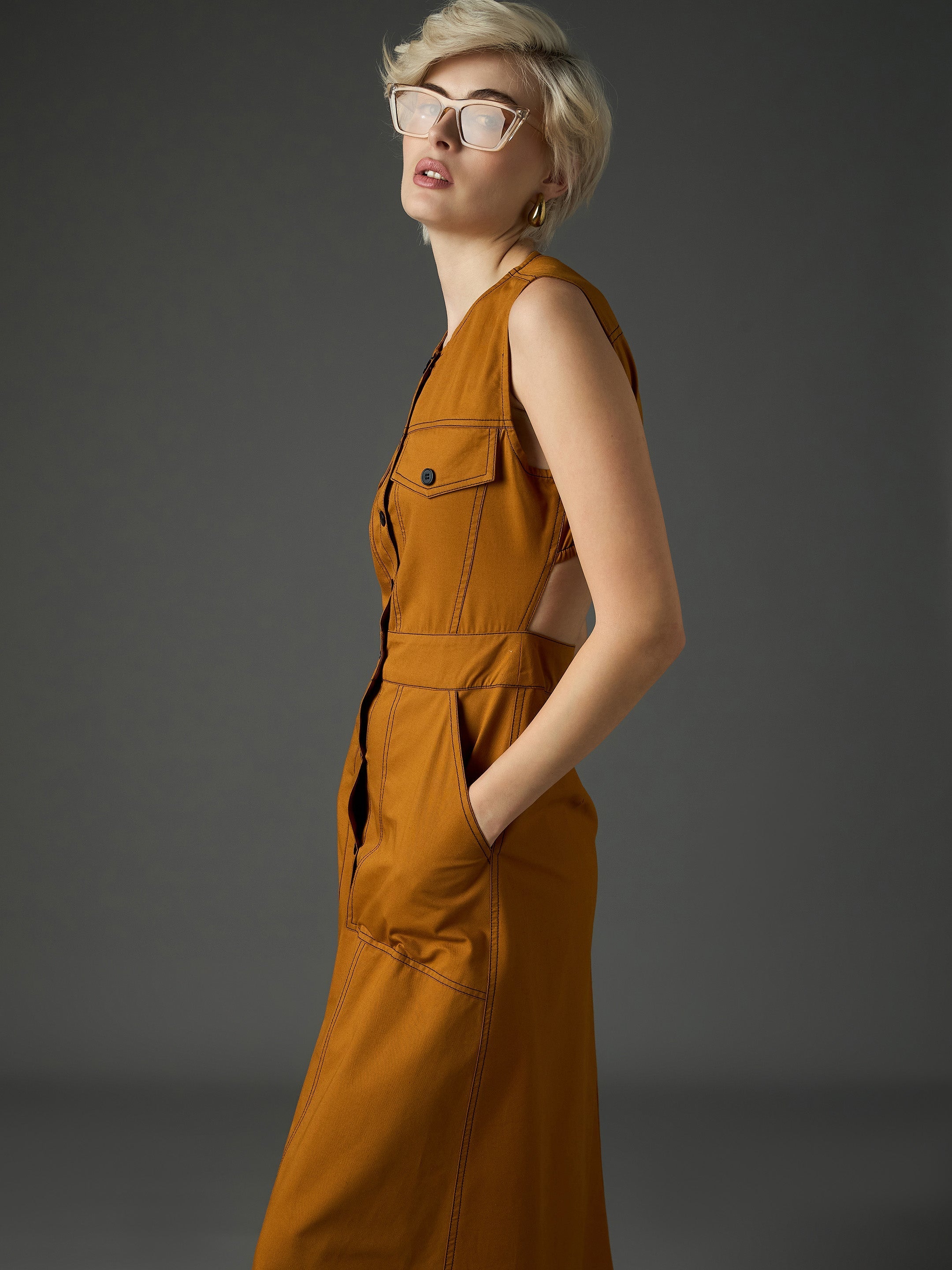 tan twill waist cut out midi dress sassafras