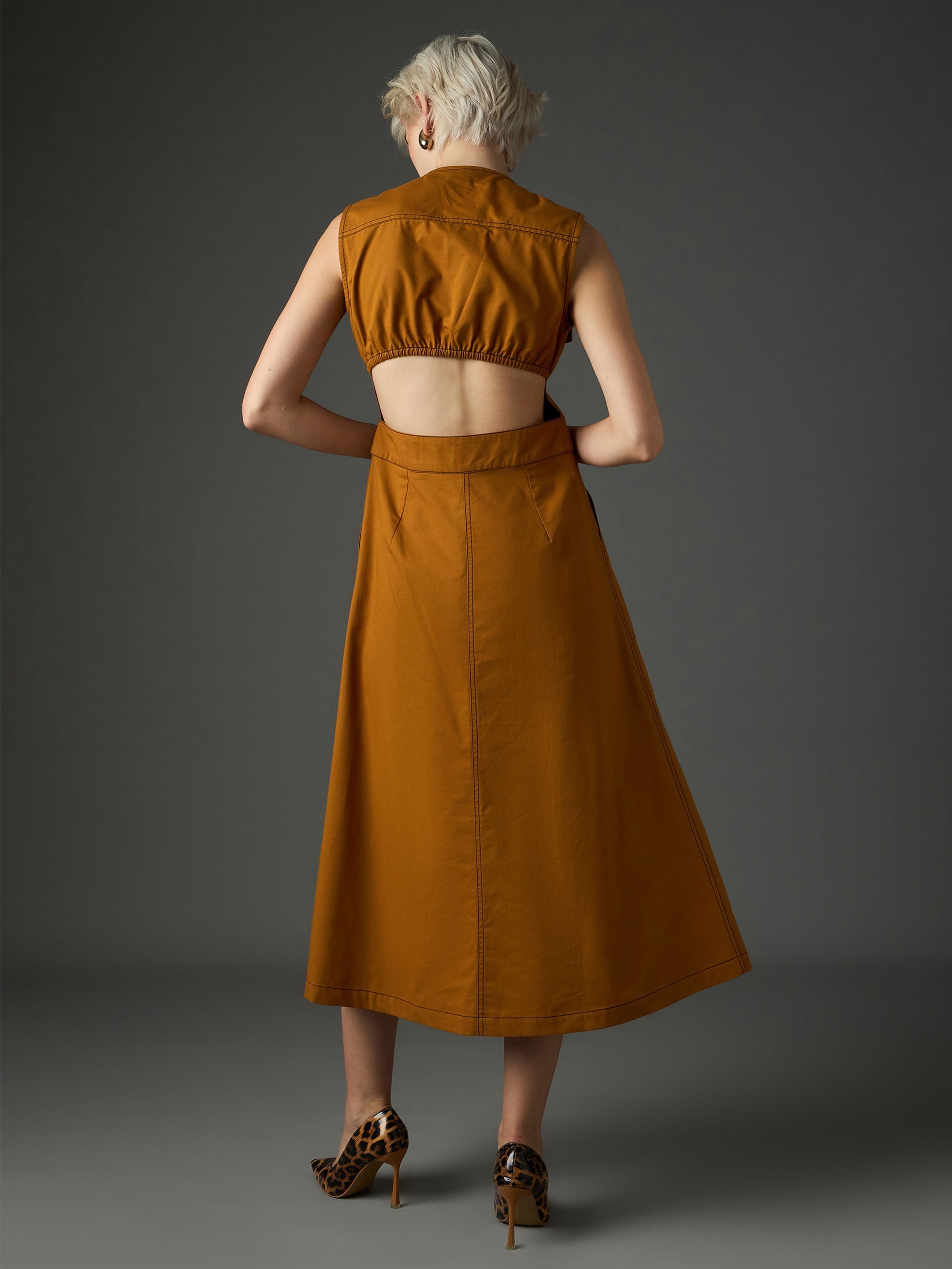 tan twill waist cut out midi dress sassafras