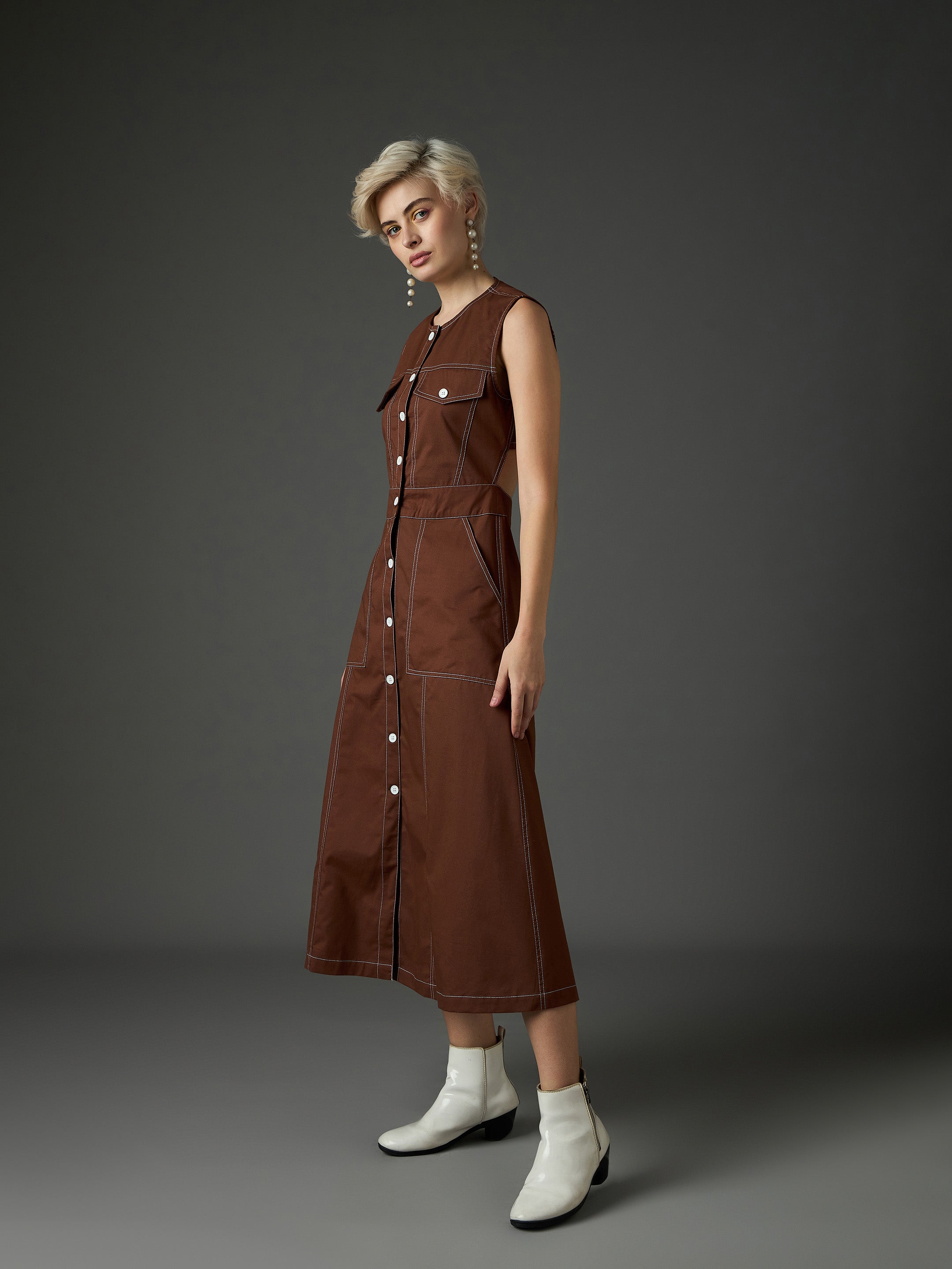 brown twill waist cut out midi dress sassafras