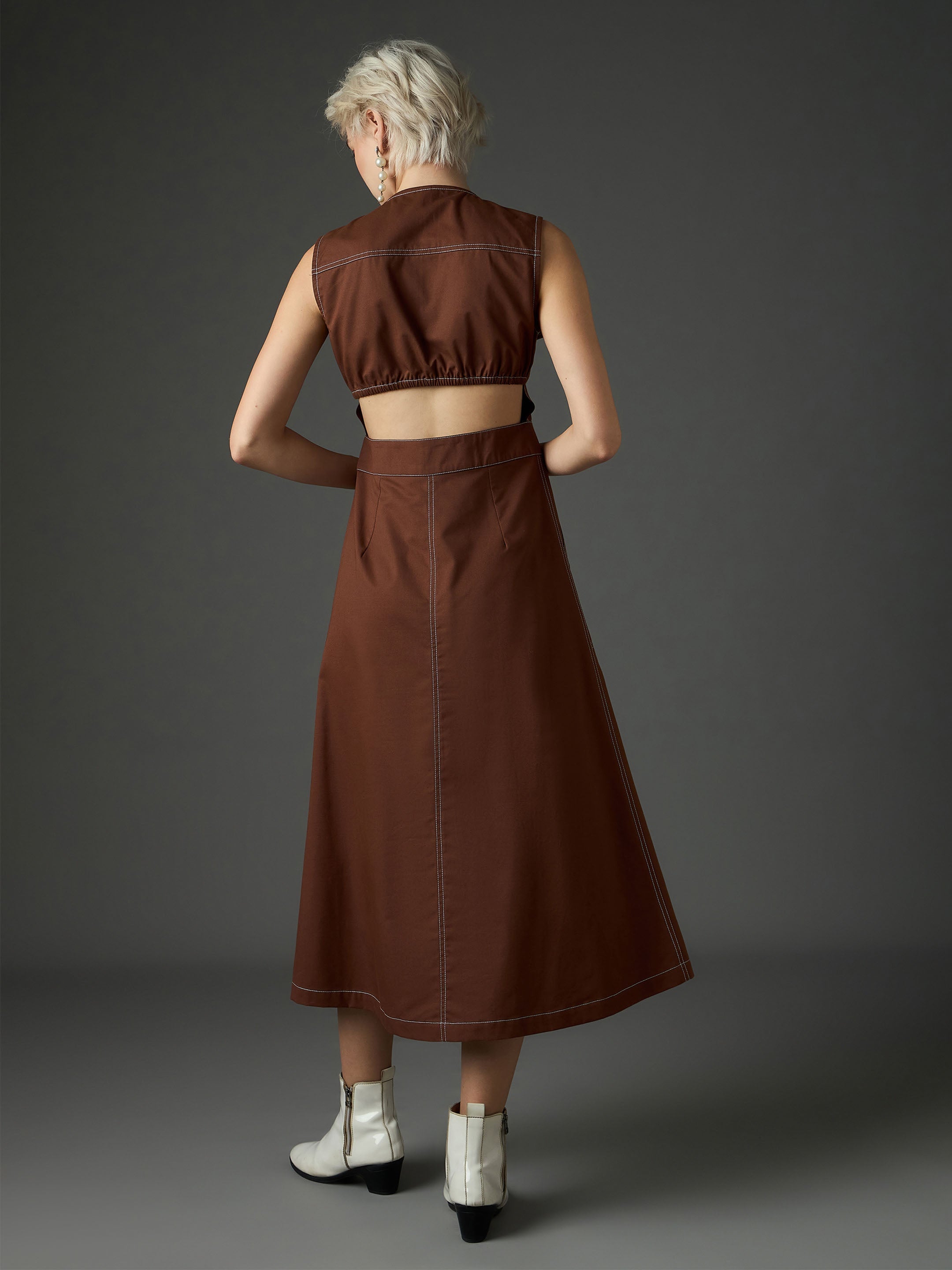 brown twill waist cut out midi dress sassafras