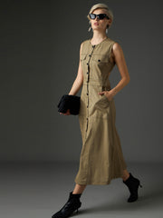 pastel olive twill waist cut out midi dress sassafras